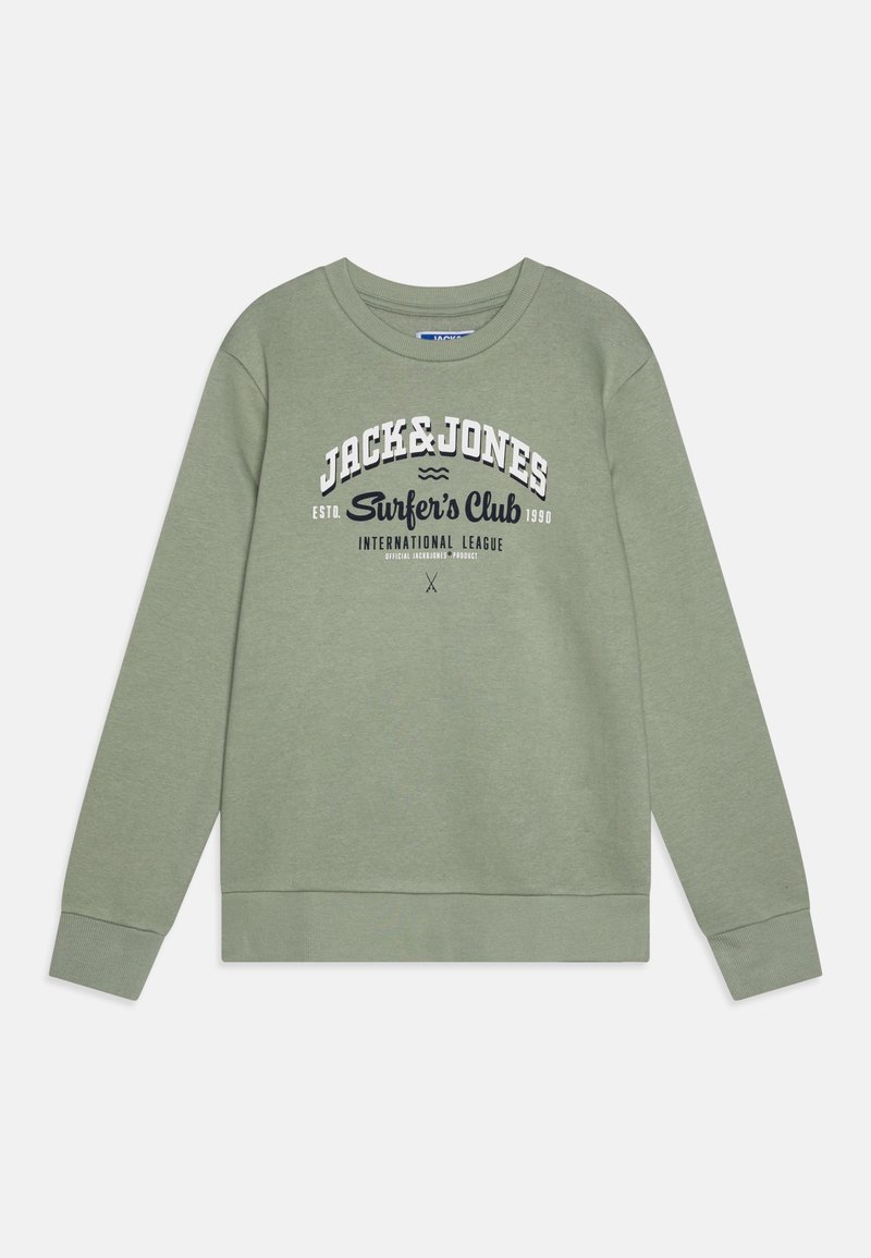 Sudadera verde de algodón, con cuello redondo, mangas largas y gráfico en blanco y marino "JACK & JONES Surfer’s Club".