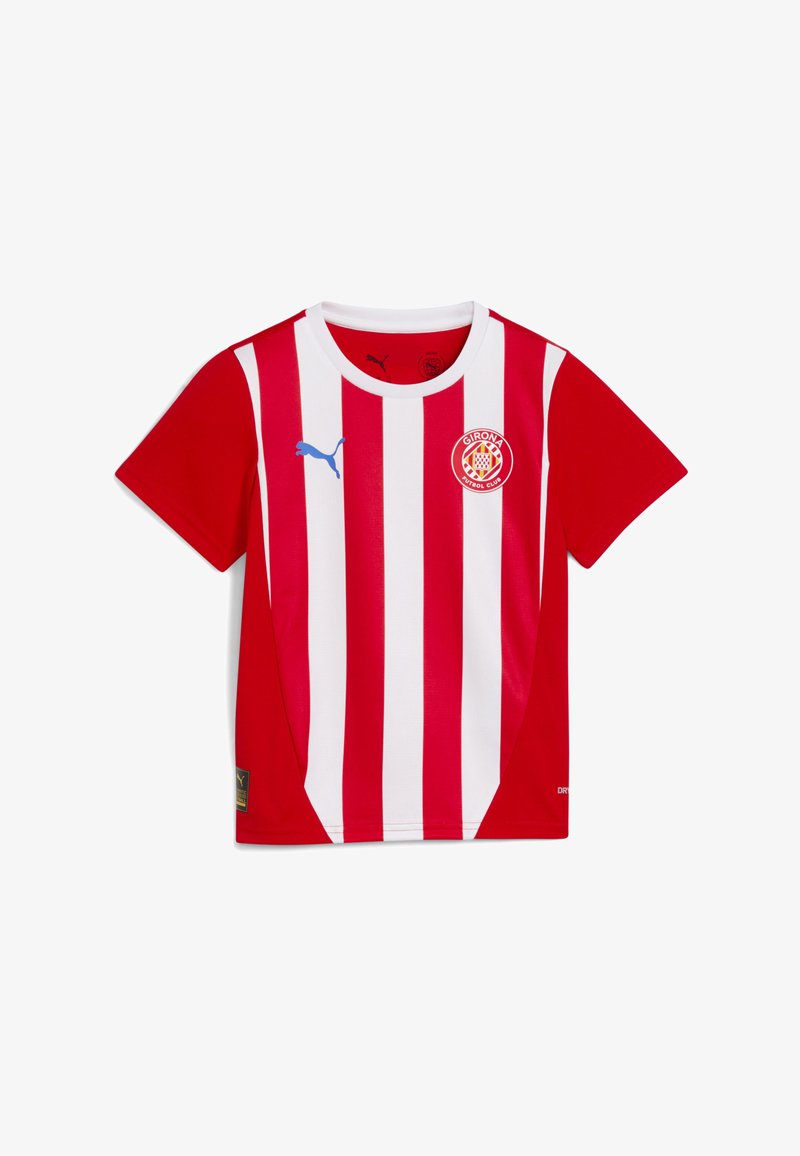 Maillot à rayures rouges et blanches en tissu avec un col rond. Présente un logo Puma bleu et un badge circulaire de Girona FC sur la poitrine.