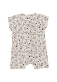 Kortärmad, unisex jumpsuit i ljusbeige med blommönster i maroon och mörkröd. Har tryckknappar i botten för bekvämlighet.