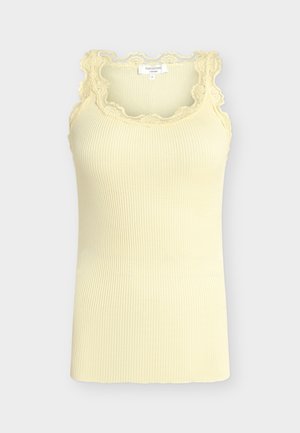 Varrukateta soonikuga kudumiskangas top kahvatu kollase tooniga, kaela- ja käeavade ümber siksakilise pitsiäärega, suurus väike.