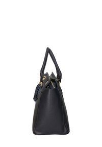 Sac en cuir bleu marine avec doubles poignées, accents en métal doré et finition texturée. Il dispose d'une frange sur le côté et d'une forme structurée.