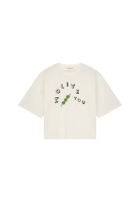 Witte korte mouwen crop t-shirt met de tekst "OLIVE I LOVE YOU" en groene olijf grafische accenten. Gemaakt van zacht katoen.