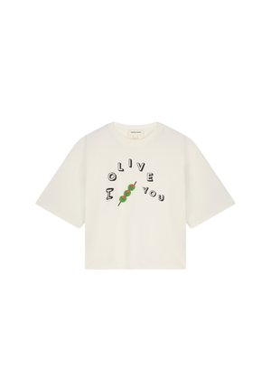 Weißes, kurzärmeliges Crop-Top mit dem Schriftzug "OLIVE I LOVE YOU" und grünen Oliven-Grafiken. Hergestellt aus weichem Baumwollmaterial.