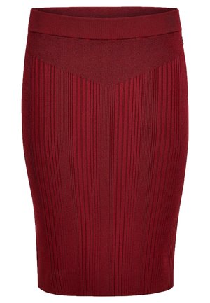 Burgundy ribbed knit pencil skirt with a wide waistband and subtle chevron pattern at the top front.