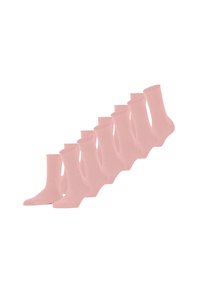 Set di otto paia di calzini crew in cotone rosa con una texture liscia e polsini a coste, caratterizzati da un design coerente e senza motivi evidenti.