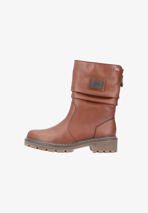 Braune synthetische Leder-Ankle-Boots mit lässigem Schaft, seitlichem Reißverschluss, strukturiertem Obermaterial, kontrastierenden Nähten und einer stabilen Profilsohle.