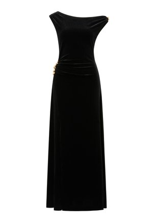 Black velvet floor-length dress with asymmetrical neckline and gold button details on shoulder and hip.