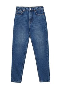Jeans in denim blu con vita alta, design a gamba dritta, cinque tasche e chiusura a bottone. Presentano leggeri effetti di usura e cuciture in contrasto.
