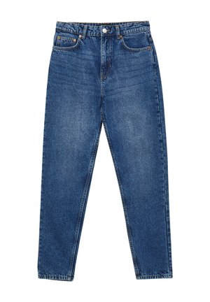 Blue denim jeans with a high waist, straight leg design, five pockets, and a button closure. Features subtle whiskering and contrasting stitching.