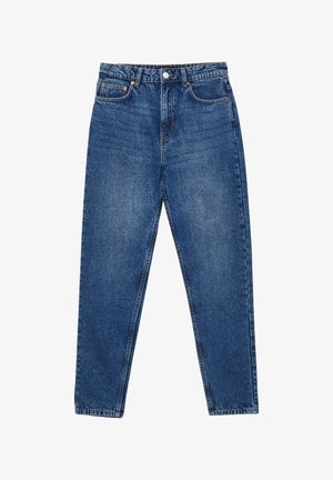 Jeans in denim blu con vita alta, design a gamba dritta, cinque tasche e chiusura a bottone. Presentano leggeri effetti di usura e cuciture in contrasto.