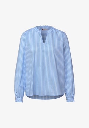 Jasnoniebieska bluzka z długim rękawem, z białymi pionowymi paskami. Posiada marszczony dekolt i mankiety oraz V-kształtny otwór z przodu.