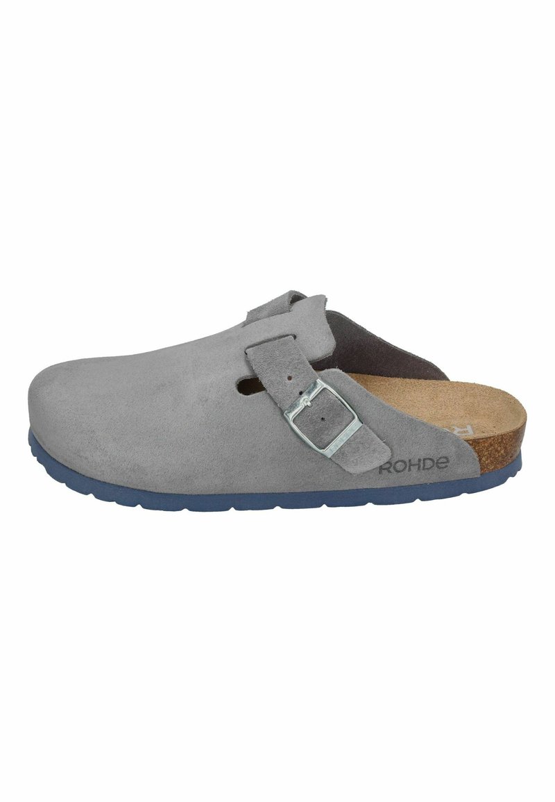 Gray suede clog with a low profile, single adjustable buckle, and a cork footbed. Blue rubber sole provides contrast and traction.