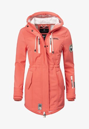 Giacca cappuccio corallo con zip frontale, coulisse e due tasche laterali. Presenta polsini elasticizzati e una toppa sulla manica. Texture morbida.