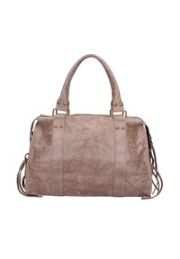 Borsa a tracolla in ecopelle beige con due manici, dettagli in metallo dorato, chiusura superiore con cerniera e nappine laterali. Texture liscia con motivi sottili.