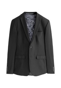 Black blazer with a slim fit, single button closure, two front pockets, and a patterned fabric lining featuring floral designs.