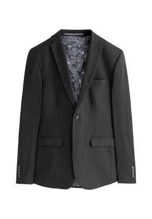 Blazer noir à coupe ajustée, fermeture à un bouton, deux poches avant et doublure en tissu à motifs avec des designs floraux.