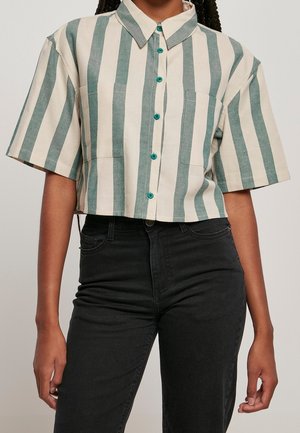 Kortærmet skjorte med grønne og hvide lodrette striber og teal knapper, sammen med højtaljede sorte jeans.