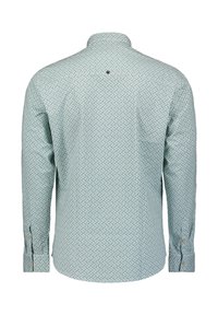 Lange mouwen shirt in lichtblauw met een hexagonaal patroon. Heeft een button-down kraag en manchetten, met een enkele knop aan de achterkant.