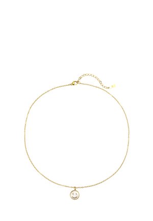 Delicate gold chain necklace with a small circular smiley face pendant and an adjustable clasp closure.
