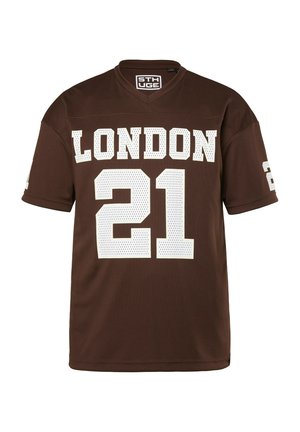 Brown sports jersey with white "LONDON" text and number "21" on front, short sleeves, and a V-neck collar.