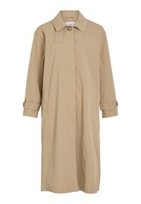 Trench coat lungo beige con bottone singolo al colletto, chiusura frontale nascosta, tasche laterali e cinturini con bottoni sui polsini.