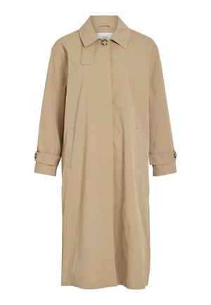Vaalean beige pitkä trench-coat, jossa on yksi nappi kauluksessa, piilotettu etukiinnitys, sivutaskut ja napitettu hihnat hihansuissa.