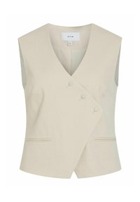 Beige, ilman hihoja oleva liivi V-pääntiellä, kietaisumuotoilu, koristeelliset napit ja sivutaskut. Valmistettu tekstuurikankaasta, minimalistischinen tyyli.