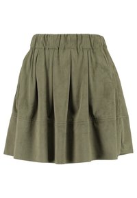 Jupe vert olive en matériau doux ressemblant à du daim, dotée de plis, d'une taille élastique et d'un design superposé.