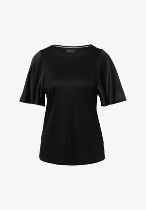 Black t-shirt featuring a fitted body and satin short sleeves. Round neck with a subtle sheen and smooth texture throughout.