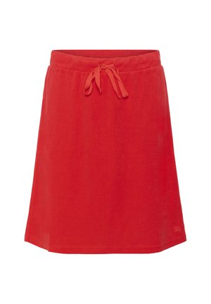 Piros húzózsinórral ellátott szoknya, puha anyagból készült, rugalmas derékkal és egyszínű dizájnnal. Egyszerű, térd hosszúságú szabás, sima textúrával.