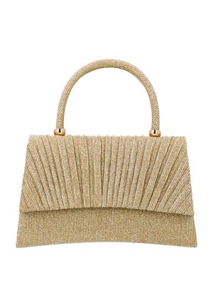 Håndtaske med guldmetalisk struktur, med plisseret klap og enkelt rundt håndtag med guldfarvede detaljer.