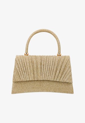 Sac à main métallique doré avec texture, rabat plissé et une poignée arrondie unique avec des détails dorés.