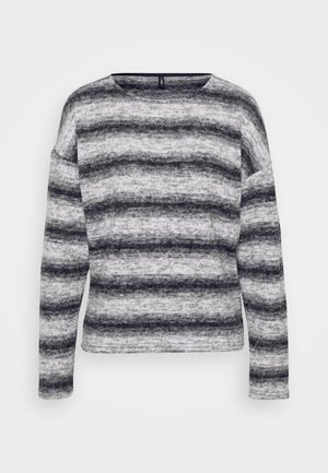 Dugo rukav sivi i crni prugasti top s okruglim izrezom. Mekana, teksturirana tkanina s različitim širinama pruga i ležeran kroj.