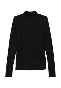 Zwarte geribbelde turtleneck trui met lange mouwen, met een aansluitende snit en een effen textuur. Klassiek ontwerp met een hoge hals.