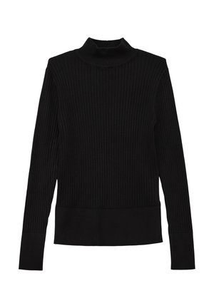 Zwarte geribbelde turtleneck trui met lange mouwen, met een aansluitende snit en een effen textuur. Klassiek ontwerp met een hoge hals.