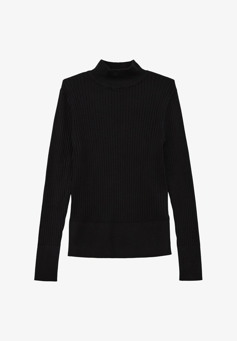Schwarzer, gerippter Rollkragenpullover mit langen Ärmeln, der eine figurnahe Silhouette und eine einfarbige Textur aufweist. Klassisches Design mit hohem Kragen.
