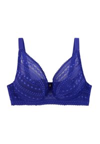 Soutien-gorge en dentelle d'un violet profond avec des bonnets triangulaires, des motifs géométriques complexes, des bretelles réglables et un fermoir à crochets dans le dos.