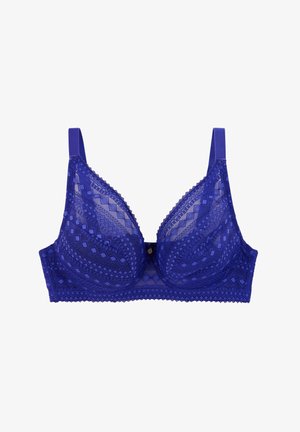 Soutien-gorge en dentelle d'un violet profond avec des bonnets triangulaires, des motifs géométriques complexes, des bretelles réglables et un fermoir à crochets dans le dos.