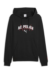 Sweat à capuche noir en coton, avec l'inscription "AC MILAN" en texte blanc et rouge, comprenant une poche kangourou et des poignets côtelés.