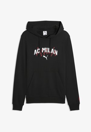 Sweat à capuche noir en coton, avec l'inscription "AC MILAN" en texte blanc et rouge, comprenant une poche kangourou et des poignets côtelés.