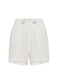 Białe teksturowane bawełniane szorty z elastycznym paskiem i wiązaniem na troczki, o luźnym kroju i długości sięgającej do połowy uda.