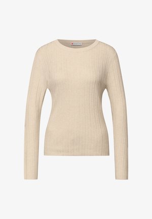 Beige trui met lange mouwen, een geribbelde structuur en een ronde hals, gemaakt van een zachte stof. Heeft een aansluitende pasvorm en een minimalistisch design.