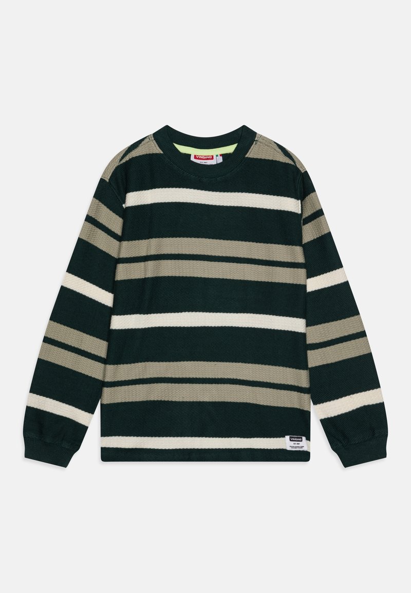 T-shirt à manches longues avec un col rond, rayures horizontales vert foncé, beige et blanches, poignets côtelés et une petite étiquette de marque près de l'ourlet.