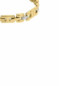Bracciale in metallo colore oro con anelli intrecciati, con accenti argentati lucidi alternati, texture liscia e dettaglio del logo inciso.