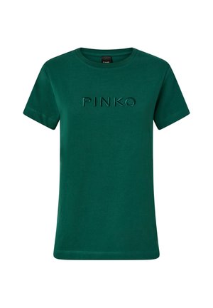 T-shirt in cotone verde con colletto a girocollo, maniche corte e logo "PINKO" in rilievo sul davanti. Texture liscia e vestibilità classica.