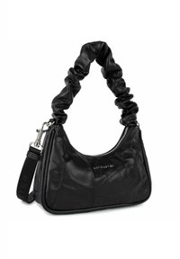 Borsa a mano in pelle nera con manico arricciato, apertura a zip e logo in rilievo. Presenta una texture liscia e una forma trapezoidale.