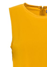 Vestido amarillos sin mangas con un acabado de tela lisa y sólida, que presenta un escote alto y una cremallera oculta en la parte posterior.
