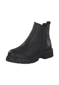 Bottine en cuir noir à cheville avec panneaux élastiques sur les côtés, bout arrondi, semelle texturée et talon bloc pour la stabilité. Design épuré et construction durable.