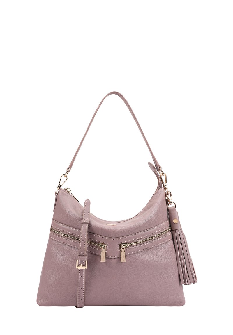 Paarse leren handtas met een gestructureerde vorm, voorzien van twee voorzakken met rits en een zijtassel. Inclusief een schouderband en gouden hardware.