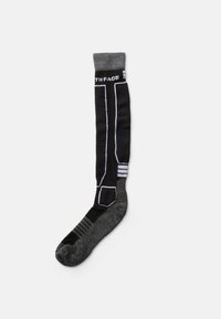 Knee-high mustad ja hallid sokid valgete aktsentidega, millel on tekstuuriga jalapadi ja silesektor, millel on bränd "The North Face".